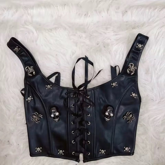 Black Faux Leather Gothic Punk Skull Corset Crop Top