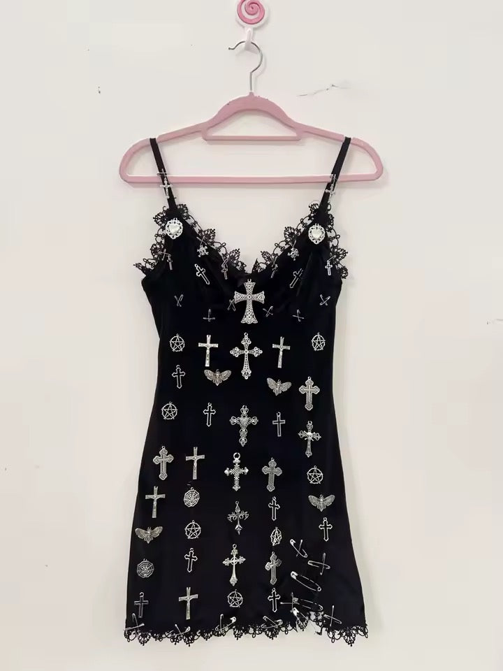 Black Gothic Punk Cross Charm Mini Lace Dress
