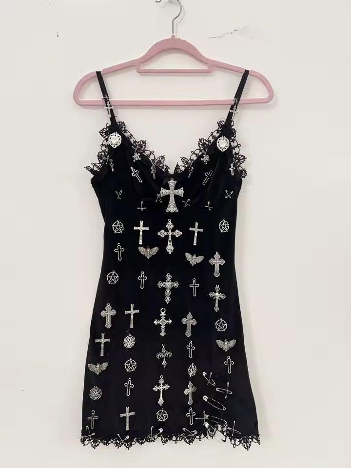 Black Gothic Punk Cross Charm Mini Lace Dress