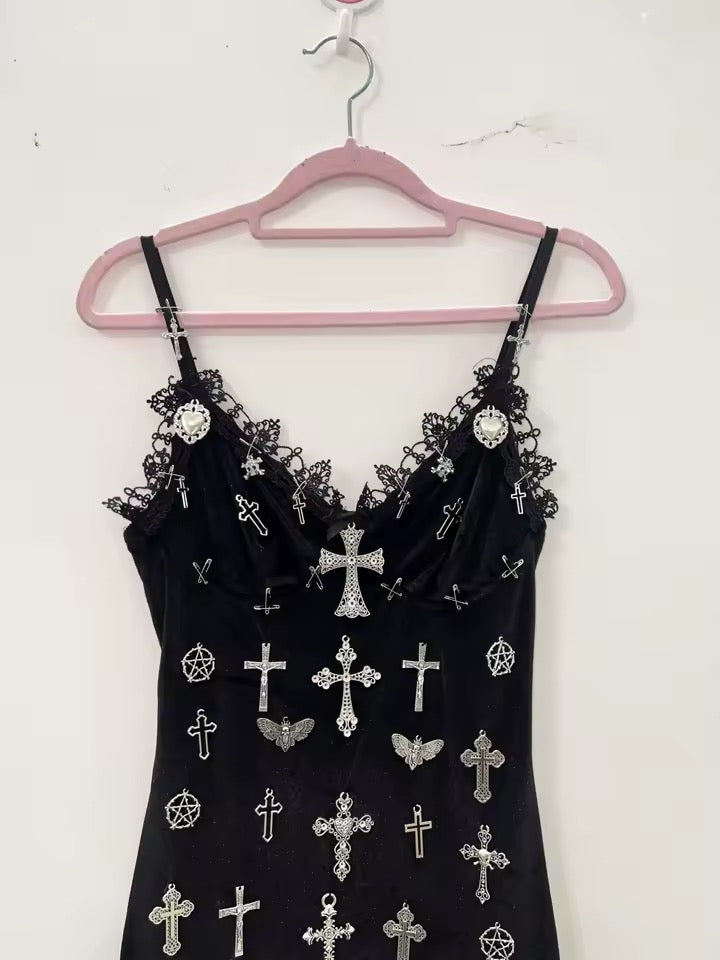 Black Gothic Punk Cross Charm Mini Lace Dress