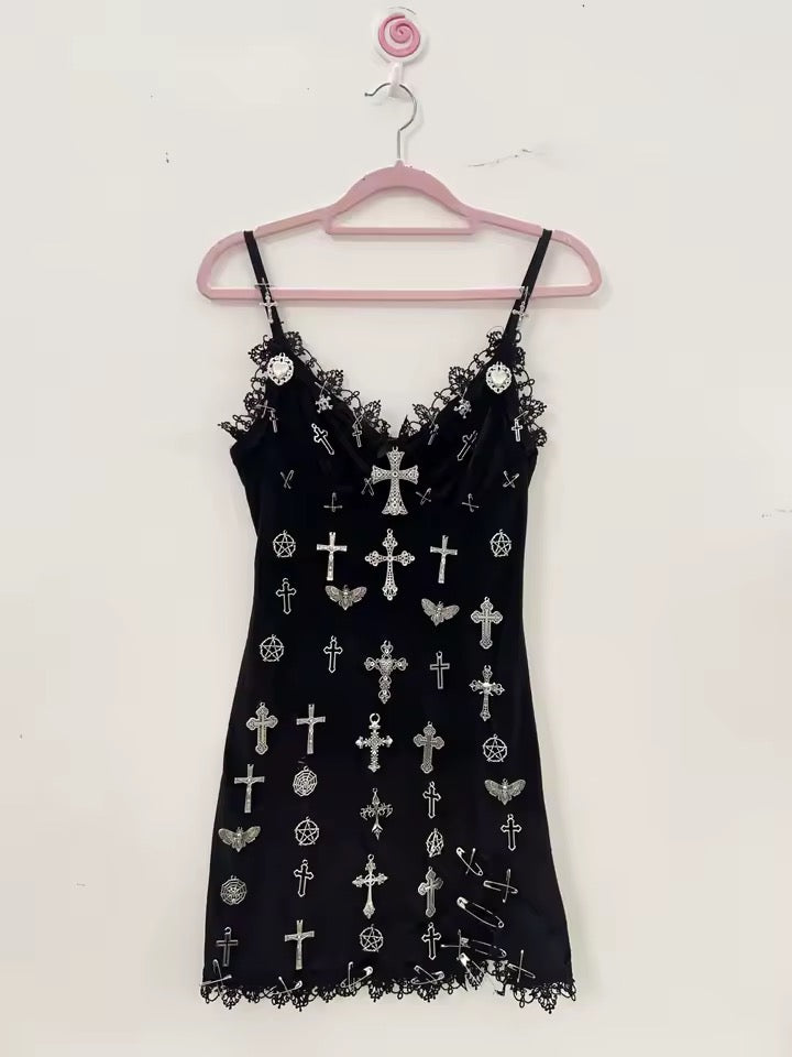 Black Gothic Punk Cross Charm Mini Lace Dress