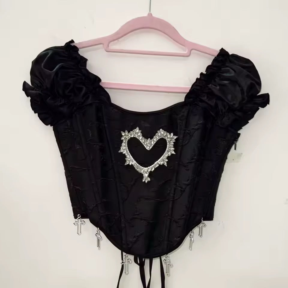 Black Gothic Lolita Corset Heart Cross Crop Top