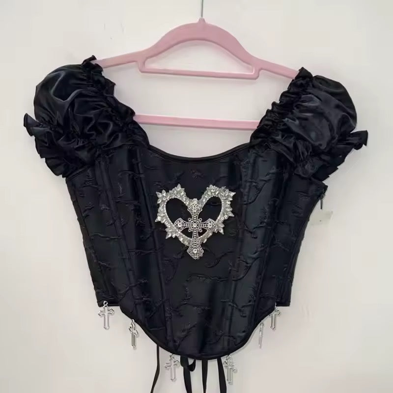 Black Gothic Lolita Corset Heart Cross Crop Top