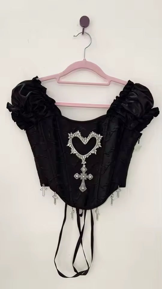 Black Gothic Lolita Corset Heart Cross Crop Top