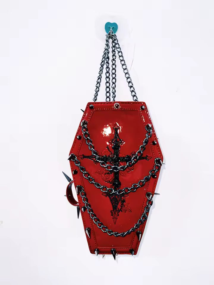 Red Faux Leather Gothic Coffin Studded Chain Bag