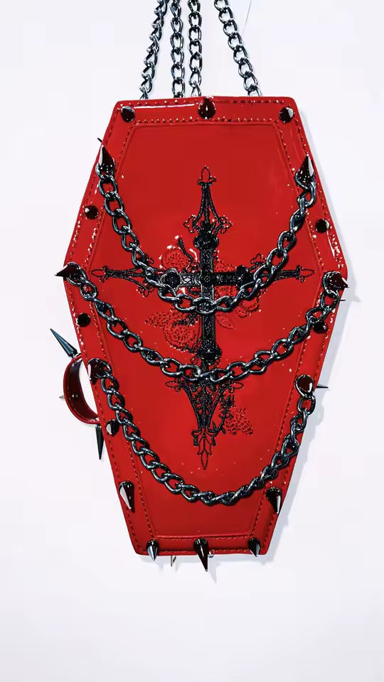 Red Faux Leather Gothic Coffin Studded Chain Bag