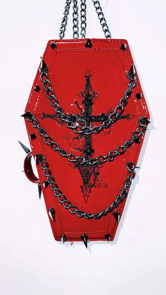 Red Faux Leather Gothic Coffin Studded Chain Bag