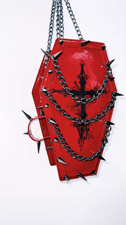 Red Faux Leather Gothic Coffin Studded Chain Bag