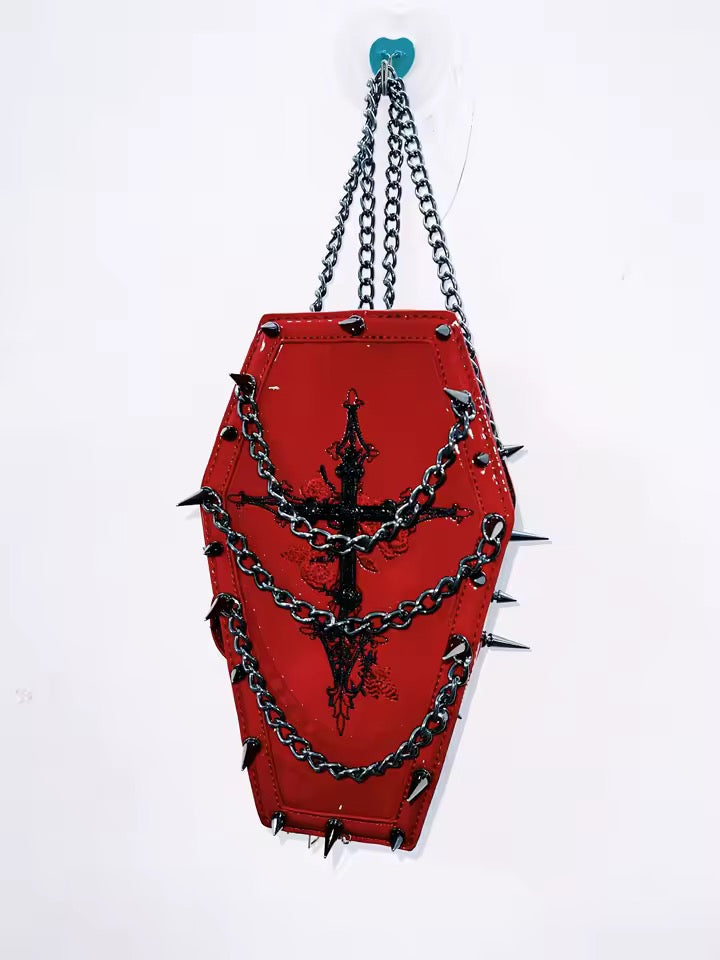 Red Faux Leather Gothic Coffin Studded Chain Bag