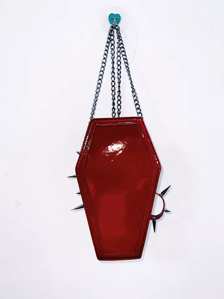 Red Faux Leather Gothic Coffin Studded Chain Bag