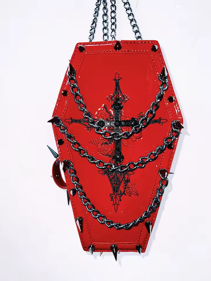 Red Faux Leather Gothic Coffin Studded Chain Bag