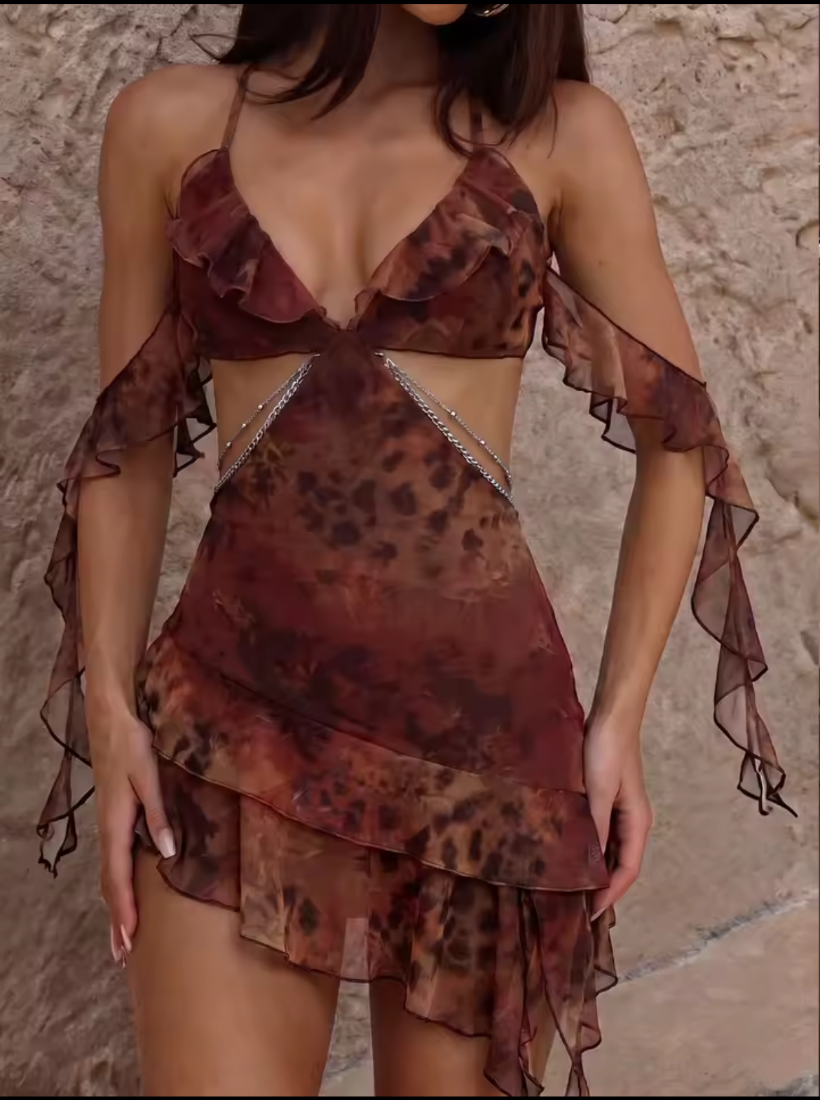 Brown Cut Out Mesh Chain Fairycore Mini Floaty Dress