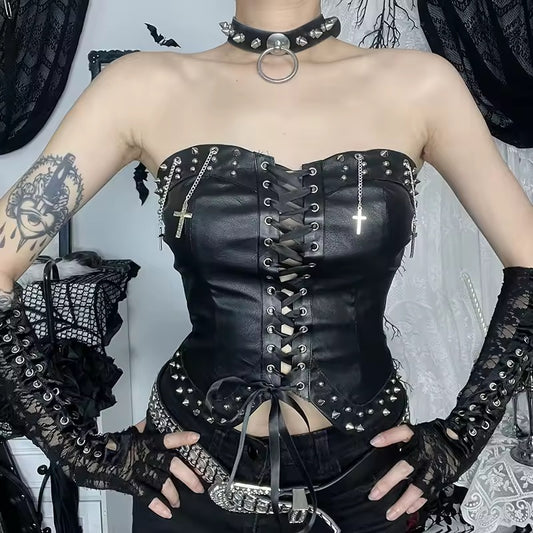 Black Faux Leather Punk Studded Corset Crop Top
