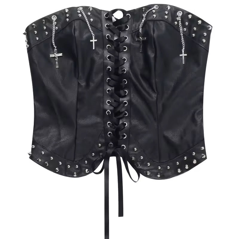 Black Faux Leather Punk Studded Corset Crop Top
