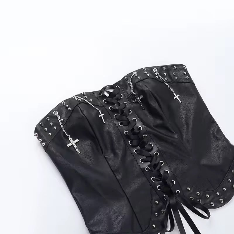 Black Faux Leather Punk Studded Corset Crop Top