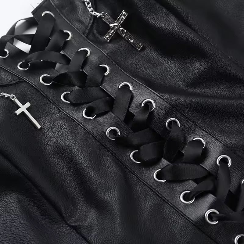 Black Faux Leather Punk Studded Corset Crop Top