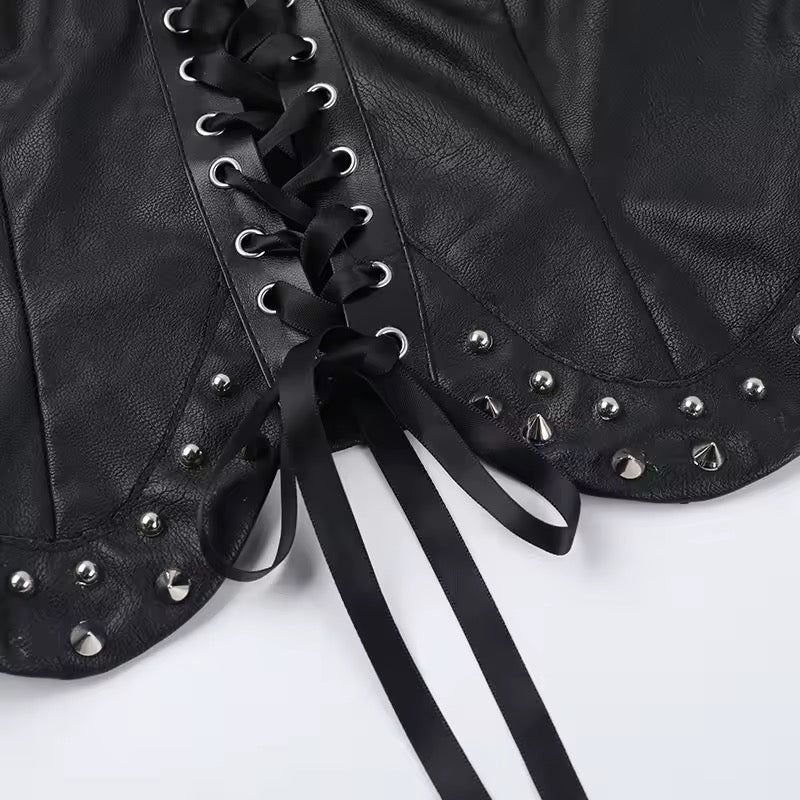 Black Faux Leather Punk Studded Corset Crop Top