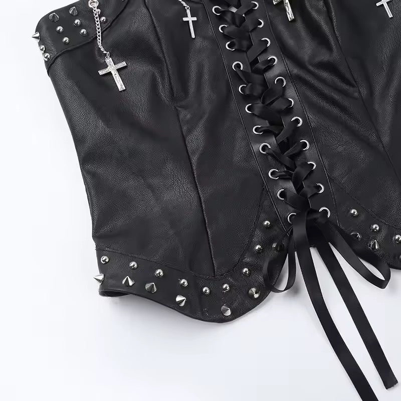 Black Faux Leather Punk Studded Corset Crop Top