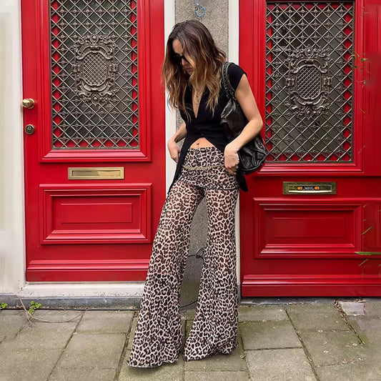 Brown Mesh Leopard Print Roll Over Waist Flare Trousers