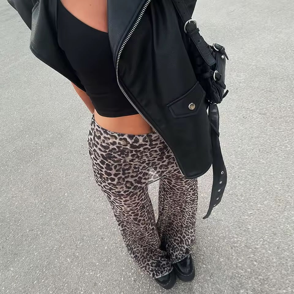 Brown Mesh Leopard Print Roll Over Waist Flare Trousers