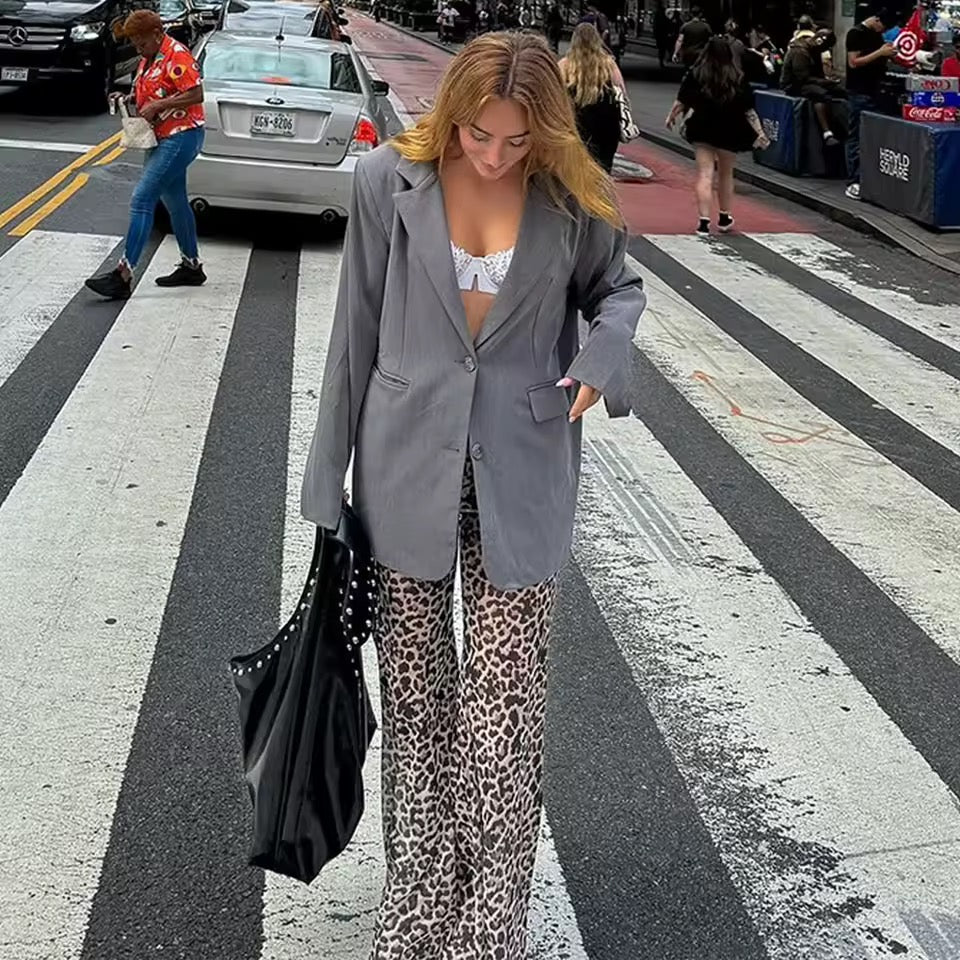 Brown Mesh Leopard Print Roll Over Waist Flare Trousers