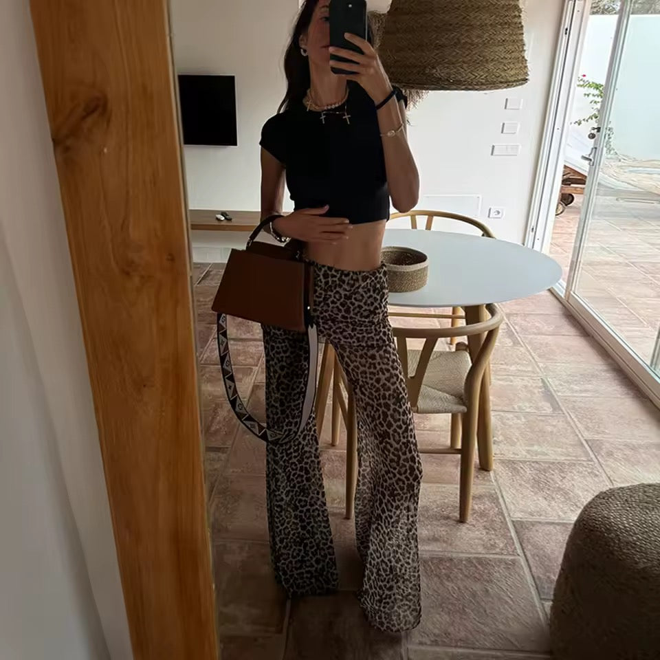 Brown Mesh Leopard Print Roll Over Waist Flare Trousers