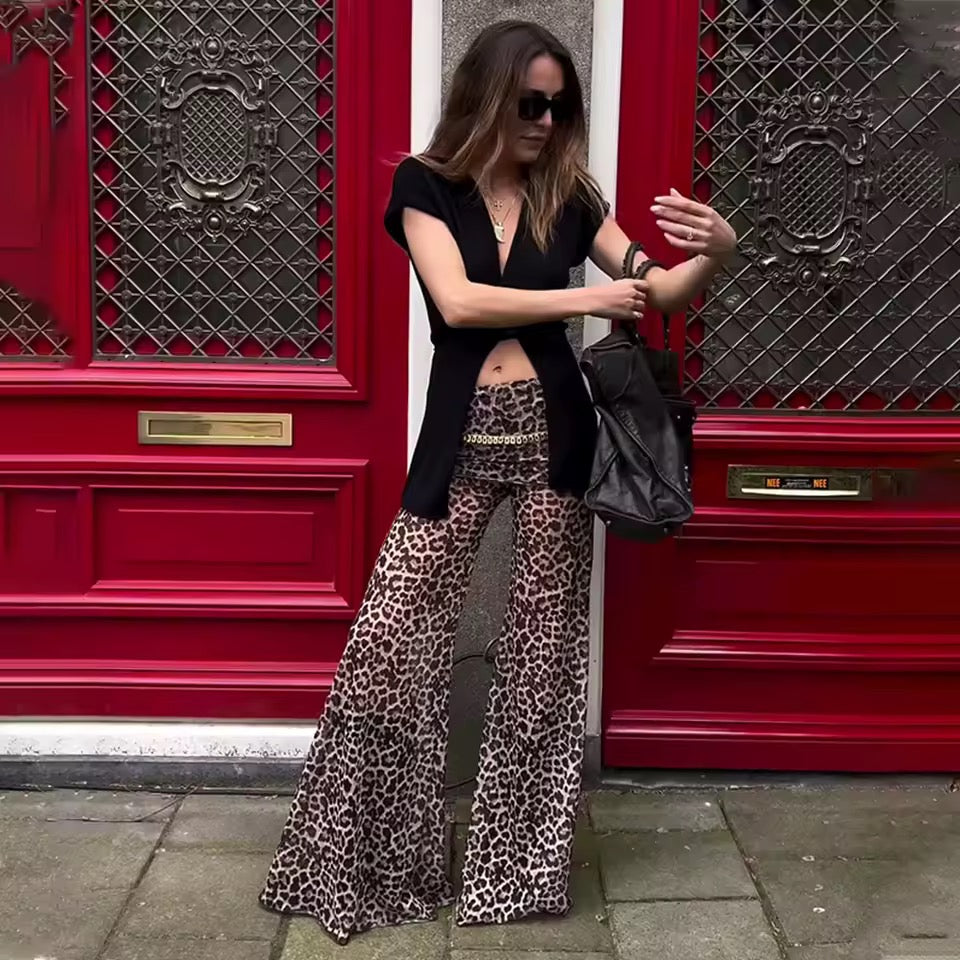Brown Mesh Leopard Print Roll Over Waist Flare Trousers
