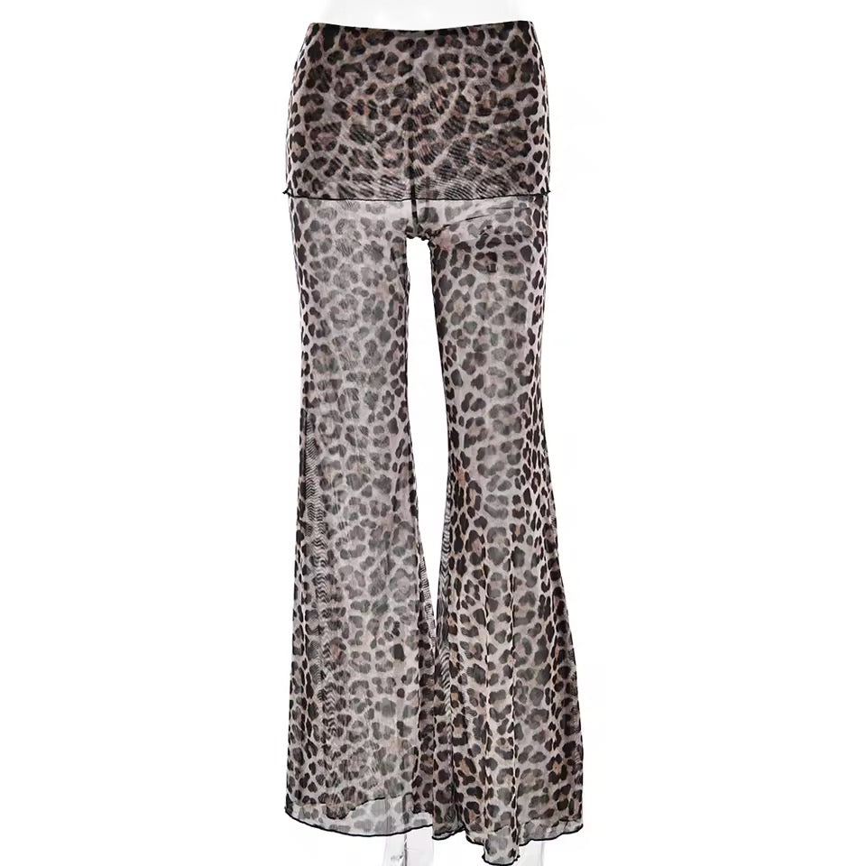 Brown Mesh Leopard Print Roll Over Waist Flare Trousers
