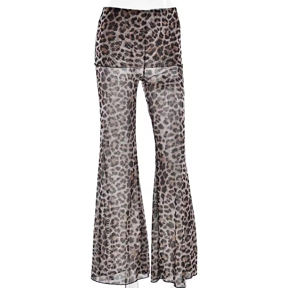 Brown Mesh Leopard Print Roll Over Waist Flare Trousers