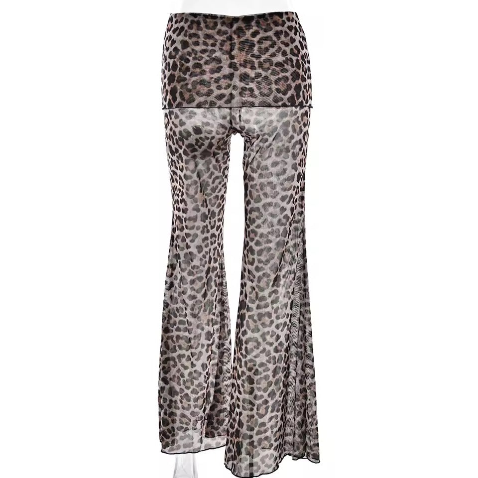 Brown Mesh Leopard Print Roll Over Waist Flare Trousers