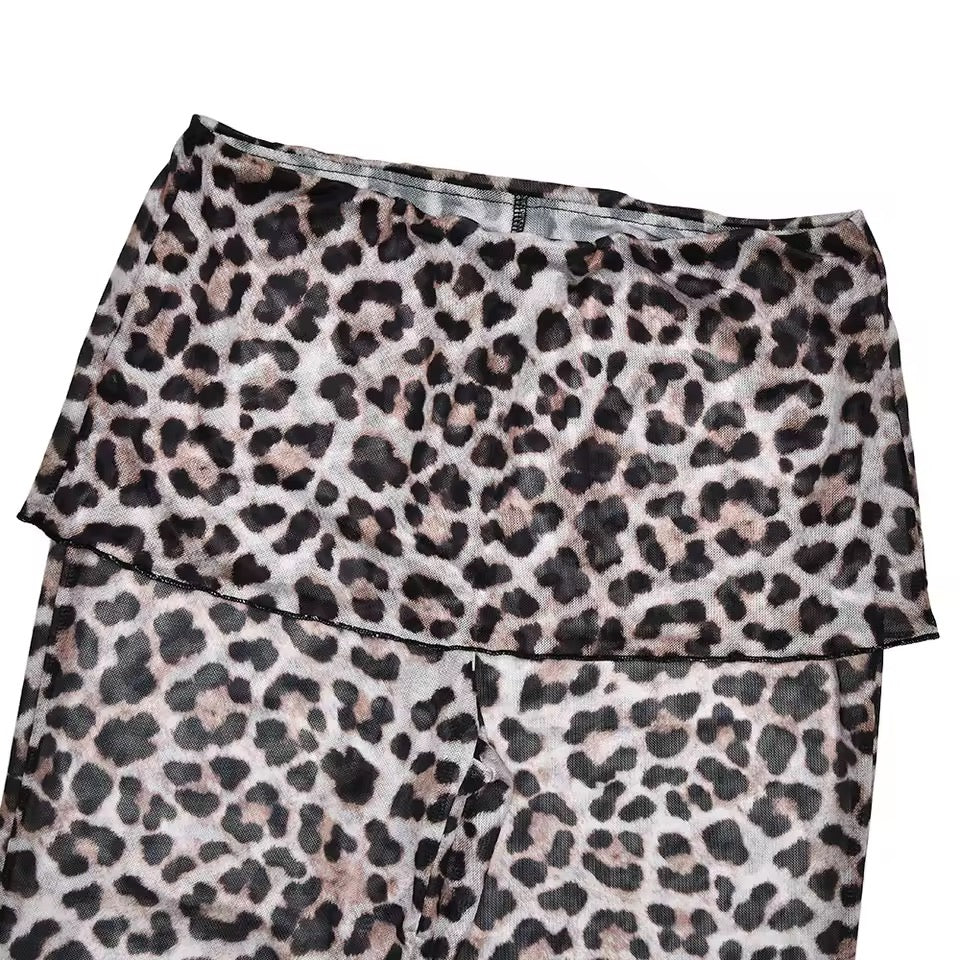 Brown Mesh Leopard Print Roll Over Waist Flare Trousers