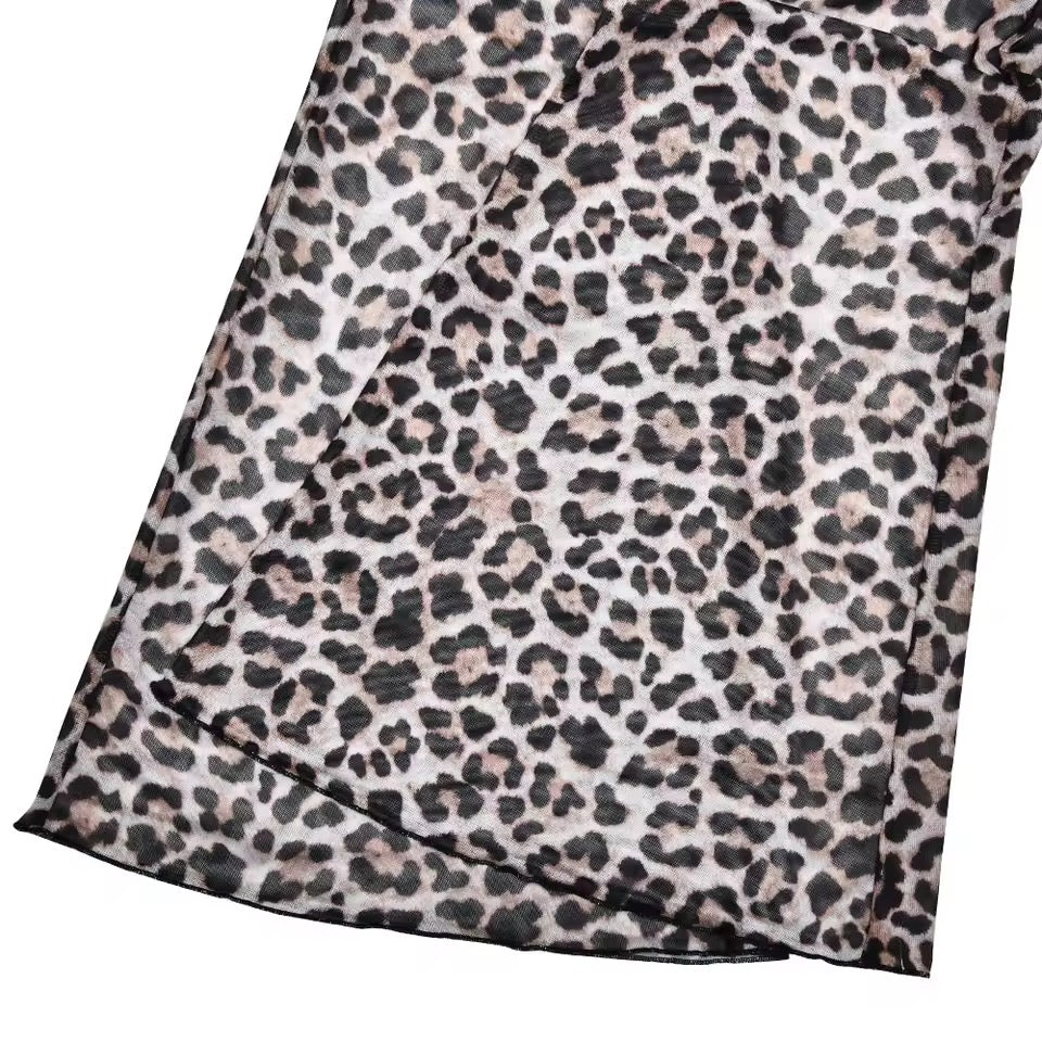 Brown Mesh Leopard Print Roll Over Waist Flare Trousers