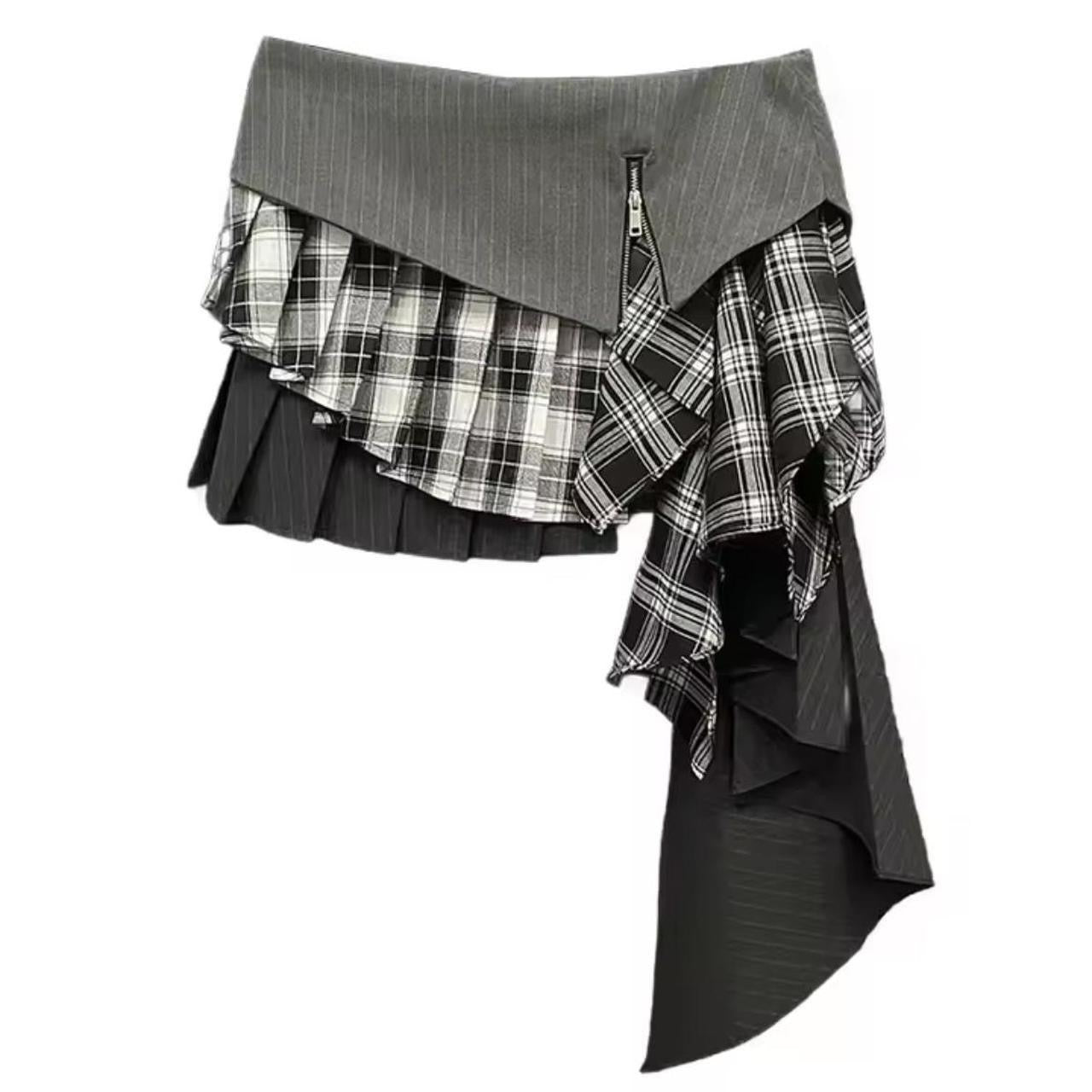 Grey Tiered Checkered Pinstripe Reworked Grunge Mini Skirt
