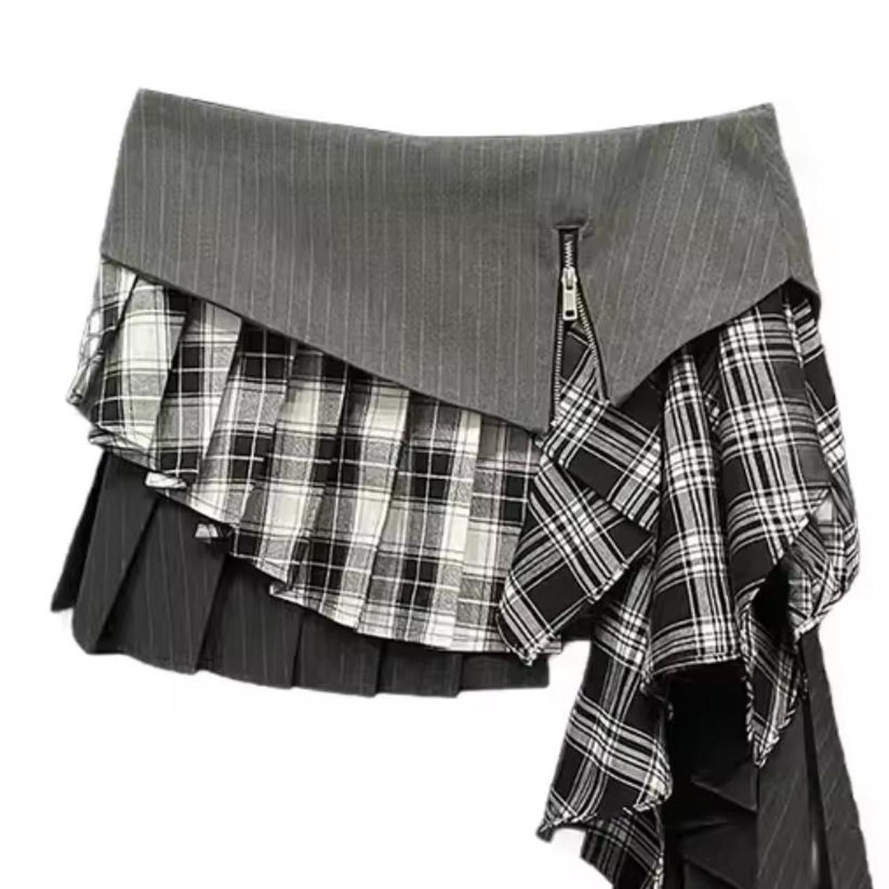 Grey Tiered Checkered Pinstripe Reworked Grunge Mini Skirt