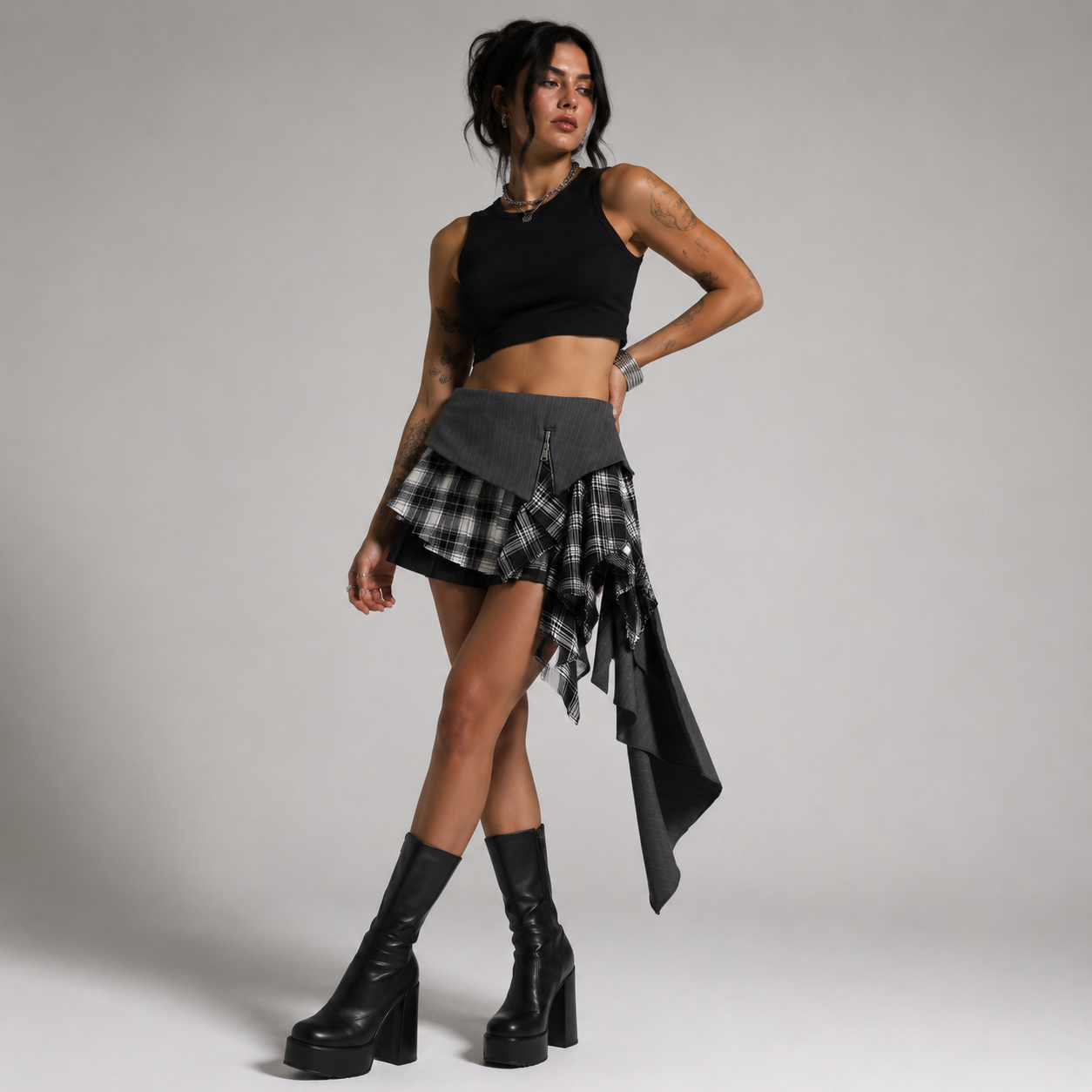 Grey Tiered Checkered Pinstripe Reworked Grunge Mini Skirt