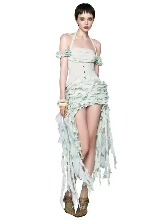 Vintage Style Corset Off Shoulder Ruffle Mini Dress