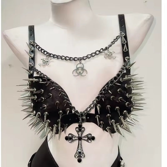 Black Faux Leather Spike Punk Chain Bra