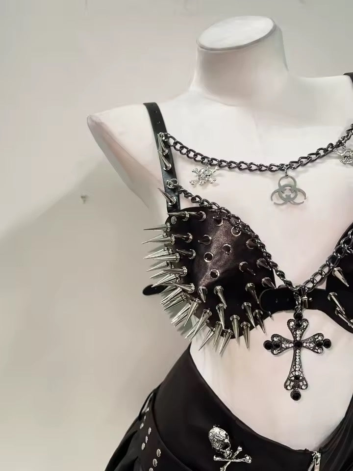 Black Faux Leather Spike Punk Chain Bra