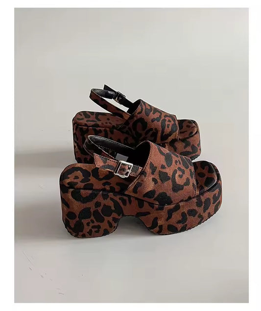 Brown Leopard Print Y2k Retro Platform Open Toe Sandals