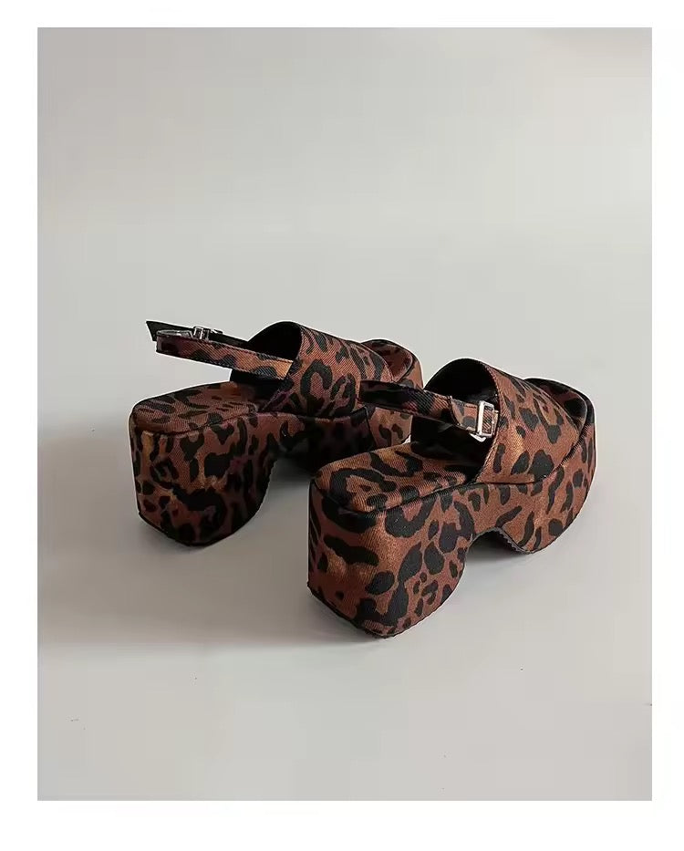 Brown Leopard Print Y2k Retro Platform Open Toe Sandals