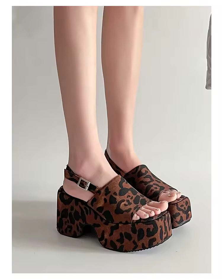 Brown Leopard Print Y2k Retro Platform Open Toe Sandals
