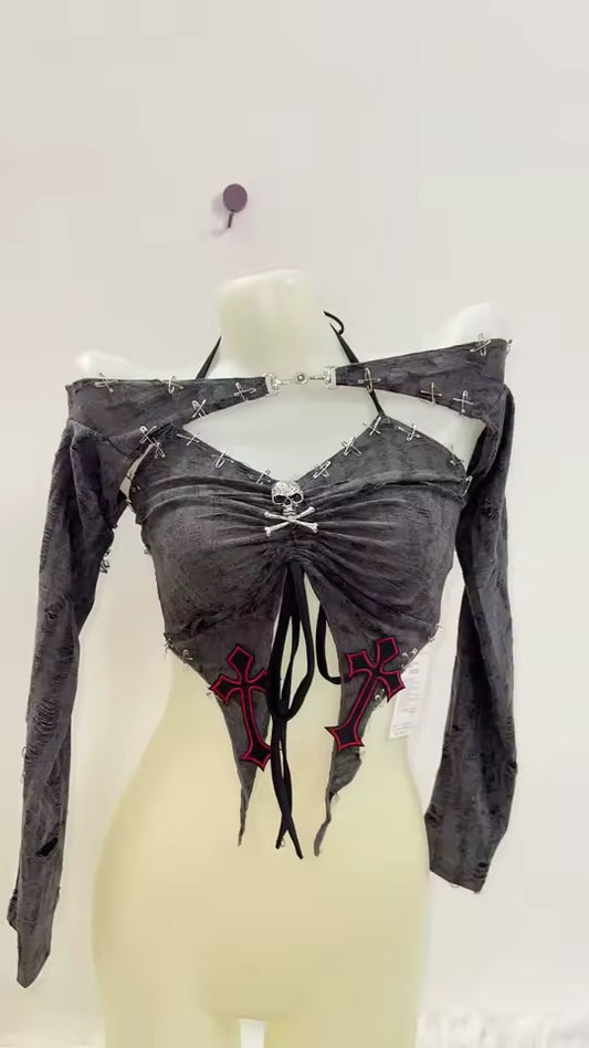 Grey Grunge Y2k 2 In 1 Crop Top Shrug Punk Set