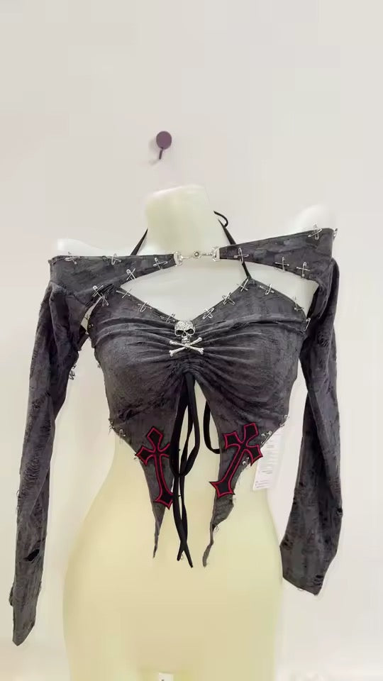 Grey Grunge Y2k 2 In 1 Crop Top Shrug Punk Set