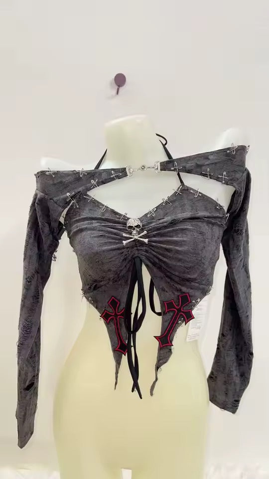 Grey Grunge Y2k 2 In 1 Crop Top Shrug Punk Set