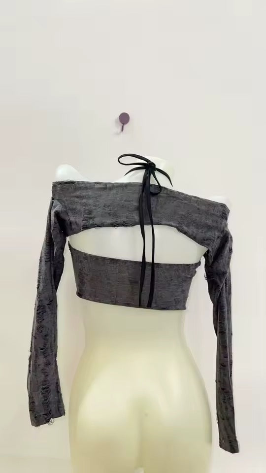 Grey Grunge Y2k 2 In 1 Crop Top Shrug Punk Set