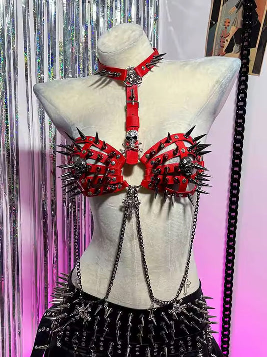 Red Faux Leather Spike Punk Chain Festival BDSM Harness