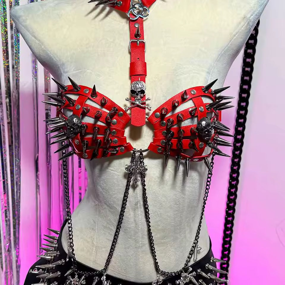 Red Faux Leather Spike Punk Chain Festival BDSM Harness