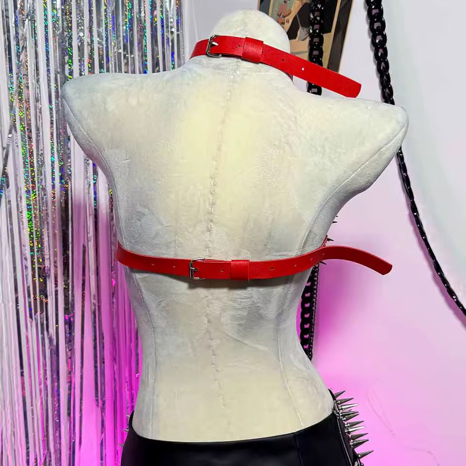 Red Faux Leather Spike Punk Chain Festival BDSM Harness
