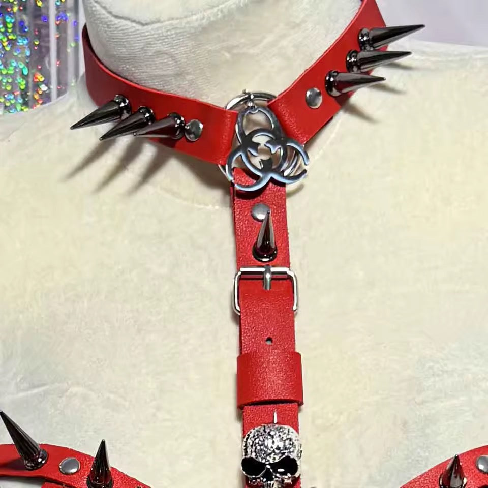 Red Faux Leather Spike Punk Chain Festival BDSM Harness