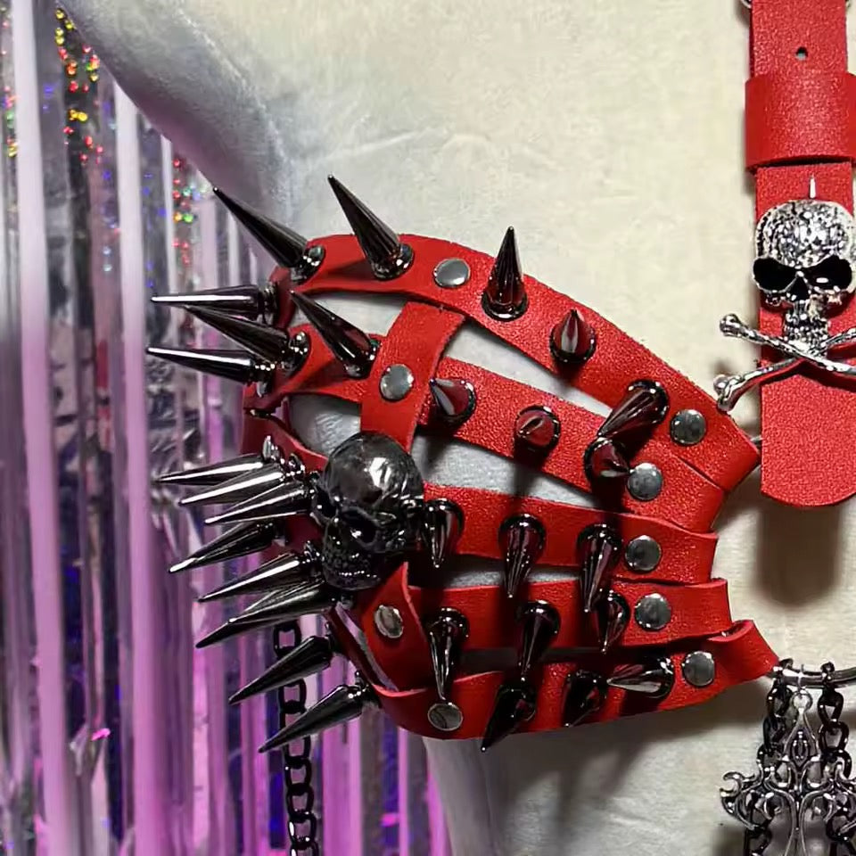 Red Faux Leather Spike Punk Chain Festival BDSM Harness